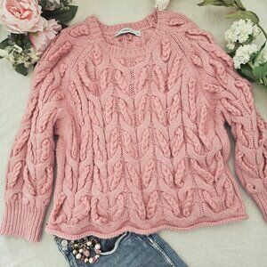 ZARA Pink Chunky Cable Knit Sweater Cozy Oversized Crewneck NWOT